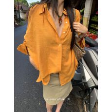 批发橘色防晒仿麻<b class='q'>长袖</b>衬衫女oversize大版衬衣外套宽松慵懒风早秋上衣
