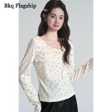 批发法式波点长袖<b class='q'>T</b><b class='q'>恤</b>女春秋季新款设计感扭结短款打底衫修身上衣潮