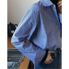 批发蓝色条纹港风衬衫女长袖衬衣长袖上衣春秋季<b class='q'>街头</b>小个子宽松薄款