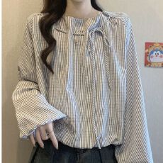 批发大码女装独特漂亮上衣条纹长袖衬衫春秋季收腰设计感小众上衣