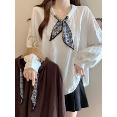 批发<b class='q'>超</b>好看丝巾绑带衬衫女2025新款早秋<b class='q'>大码</b>胖mm显瘦遮肚气质独特上衣