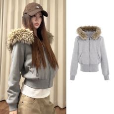 批发【华棉刷毛】可拆卸毛领连帽卫衣秋冬新款加绒显瘦百搭开衫外套潮