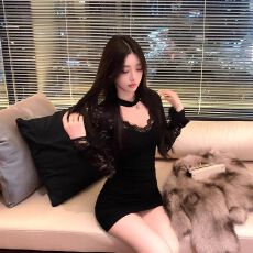 批发纯欲露背<b class='q'>蕾丝</b>拼接袖挂脖连衣裙女秋季性感镂空辣妹包臀裙洋气<b class='q'>短裙</b>