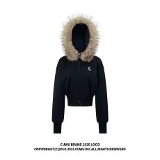 批发美式收腰显瘦显高短款辣妹开衫卫衣女加绒百搭长袖