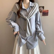 批发蓝色条纹港风衬衫女长袖衬衣长袖上衣春秋季<b class='q'>街头</b>小个子宽松薄款