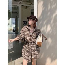 批发复古绑带<b class='q'>格子</b>长袖衬衫套女秋季新款休闲长款宽松显瘦开衫衬衣