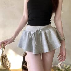 批发芭蕾风抽绳半身裙<b class='q'>女</b>高腰<b class='q'>裙裤</b>百搭蓬蓬短裙a字裙子