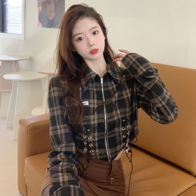 레트로 체크무늬 여성 셔츠 디자인 센스 작은 대중 2026 봄 드레스 새로운 패션 튀김 거리 달콤한 매운맛 쇼트 스타일 지퍼 맨위