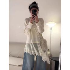 批发不规则假两件蕾丝拼接长袖T恤慵懒风新款胖MM中长款宽松打底<b class='q'>上衣</b>