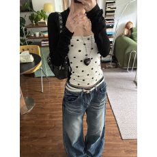 批发美式黑色波点假两件<b class='q'>长袖</b>t恤坎肩抹胸<b class='q'>女</b>春秋辣妹修身显瘦通勤上衣