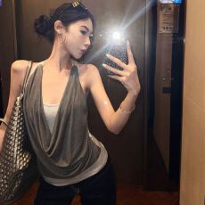 批发吊带背心女新款夏外穿美背chic韩系灰色假两件无袖上衣