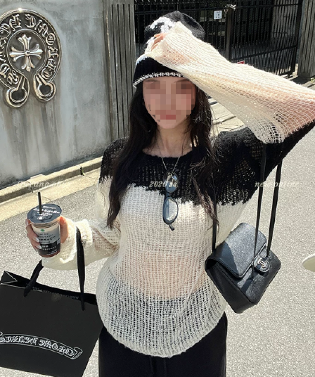느긋한 종이 의류 호흡 센스 푹신한 양모 배색 홀로우 아웃 니트 블라우스