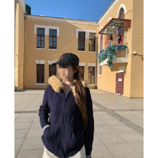 批发美式复古杠条连帽毛衣外套女<b class='q'>春</b>季咖色毛领针织开衫