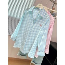 批发原版质量 蓝绿格纹POLO领衬衣女夏季多巴胺薄款宽松防晒上衣