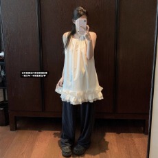 批发减龄压褶花边无袖背心<b class='q'>裙</b>女夏宽松显瘦温柔风花苞连衣<b class='q'>裙</b>子