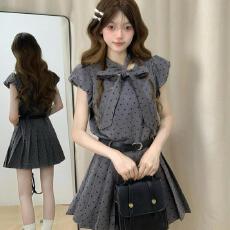 批发富家千金风灰色波点<b class='q'>连衣裙</b>女夏季新款蝴蝶结设计感甜美收腰短裙子