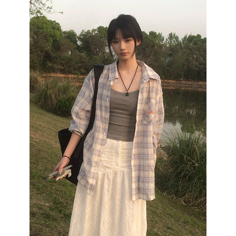 아메리칸 레트로 체크무늬 여성 셔츠 여름 배색 자외선 차단 셔츠 커플 재킷 루즈핏 캐주얼 맨위