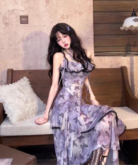 프랑스식 레트로 나비 꽃무늬 슬립 요정 여성 드레스 여름 새로운 품격 허리 수축 슬림해 보이는 망사 롱 스커트