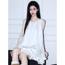 批发减龄压褶花边无袖背心<b class='q'>裙</b>女夏宽松显瘦温柔风花苞连衣<b class='q'>裙</b>子