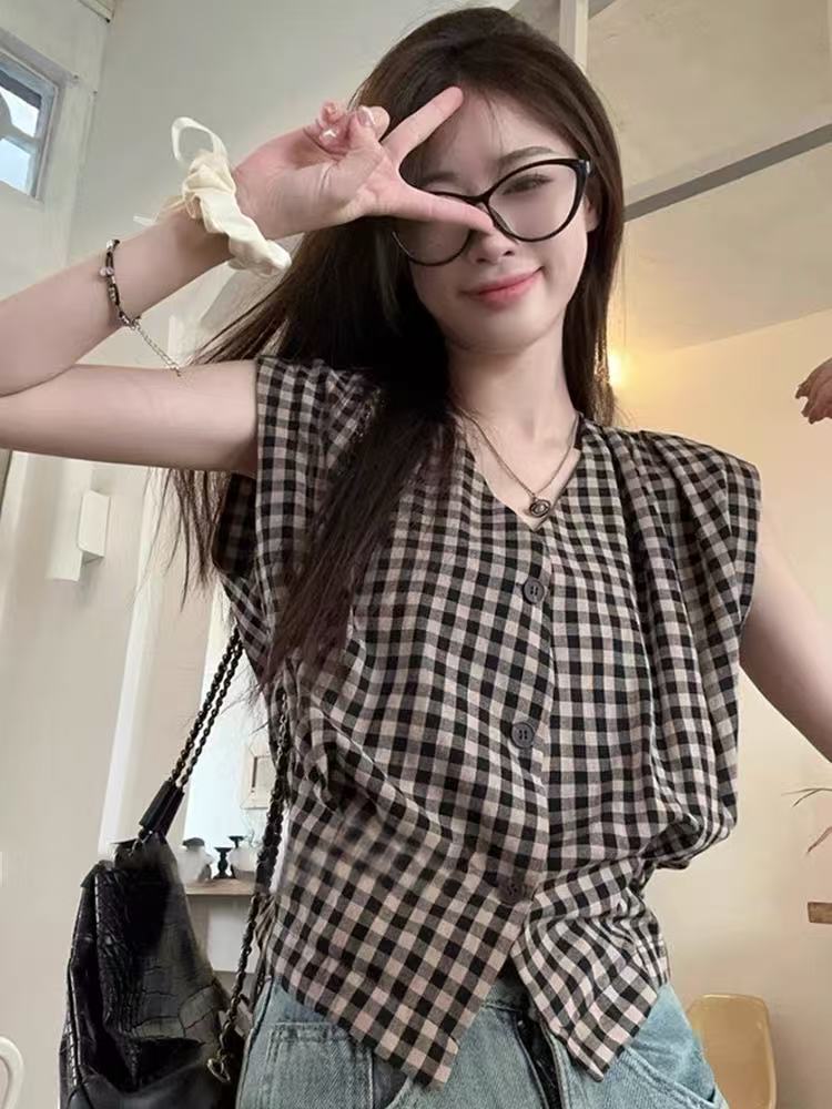 레트로 체크무늬 어깨 조끼 여성 셔츠 디자인 센스 여름 외출용 206 새로운 프랑스식 꼬집기 허리 민소매 맨위