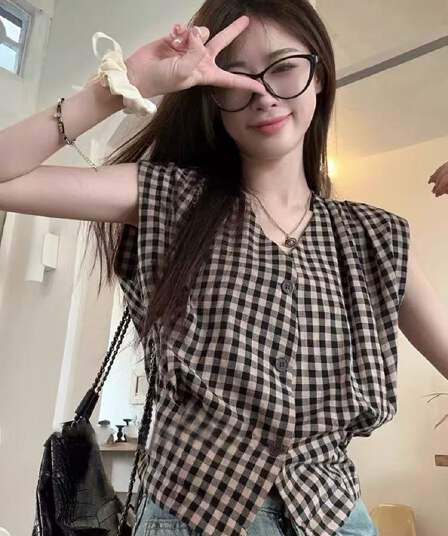 레트로 체크무늬 어깨 조끼 여성 셔츠 디자인 센스 여름 외출용 206 새로운 프랑스식 꼬집기 허리 민소매 맨위
