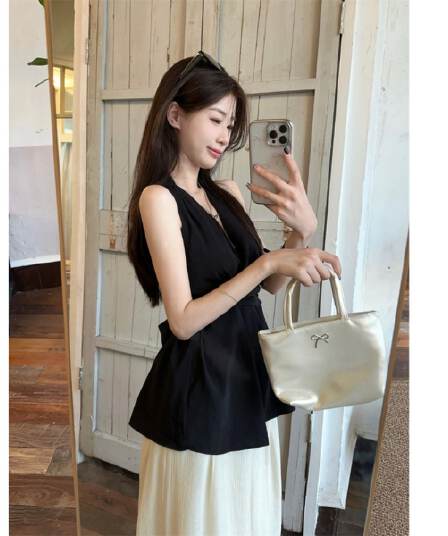 원본 것 프랑스식 비틀림 행침 목 오프숄더 쉬폰 여성 셔츠 여름 허리 수축 민소매 조끼 맨위 외출용