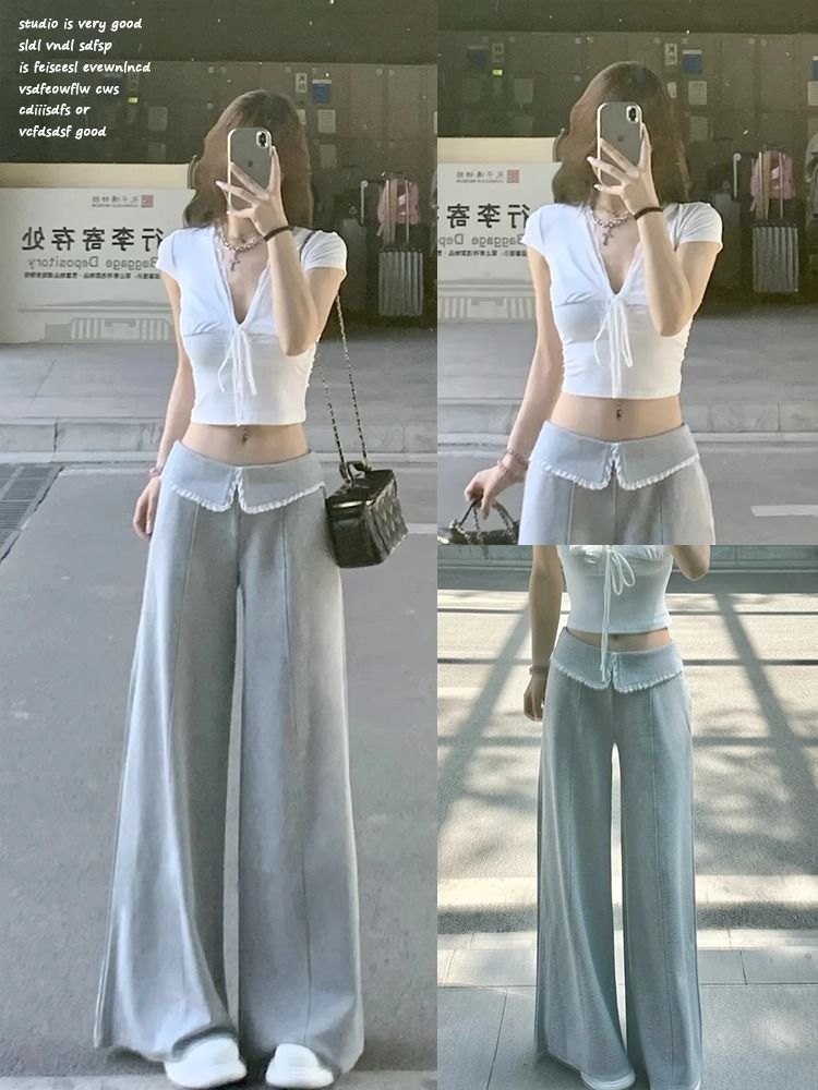 FA36947# 美腿比例休闲裤蕾丝花边休闲裤女彼得潘领宽松阔腿裤 服裝批發女裝批發服飾貨源