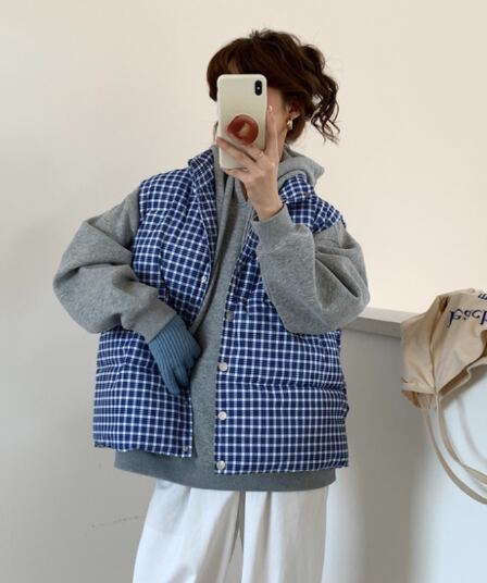 실사 한 부서 고급 센스 파란색 체크무늬 다운 코트 조끼 여자 겨울 패딩 재킷 목화 진딧물 재킷 맨위 여성