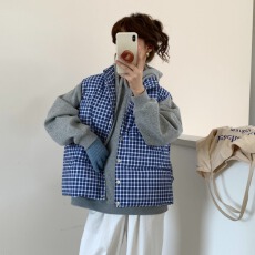 批发实拍韩系高级感蓝色格子羽绒棉衣马甲<b class='q'>女</b>冬季面包服棉袄外套上衣<b class='q'>女</b>