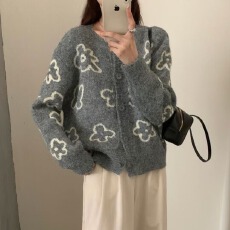 提花针织衫开衫女秋冬新款宽松短款慵懒风2026韩版百搭圆领毛衣女