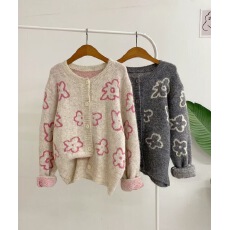 秋冬新款提花针织开衫女宽松短款慵懒风2025韩版百搭圆领毛衣外套