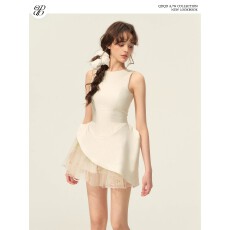 批发法式甜美时尚气质不规则蕾丝拼接背心<b class='q'>连衣裙</b>女<b class='q'>夏</b>季收腰蓬蓬短裙子