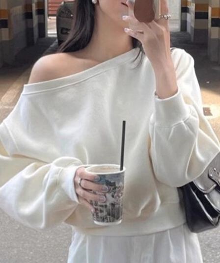 후아 면 가을 프랑스식 작은 심장 기계 비스듬한 칼라 불규칙 오프숄더 디자인 센스 루즈핏 다용도 긴팔 후드티 여성