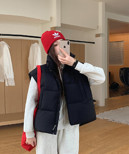 실사 한 부서 다용도 면 의류 조끼 여자 겨울 새로운 ins 스택 착용 어깨 스탠드 칼라 조끼 자켓 맨위 여성