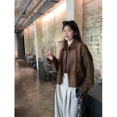 批发甜酷咖色麂皮绒外套女春秋新款复古小众短款美拉德上衣夹克小个子