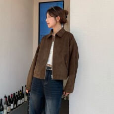 批发甜酷咖色麂皮绒外套女春秋新款复古小众短款美拉德上衣夹克小个子