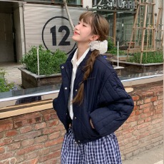 批发彩色织唛竖条纹理26秋冬翻领小个子轻盈棉服甜美<b class='q'>韩版</b>宽松棉衣外套