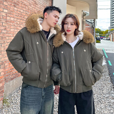 批发美式复古座山雕派克棉服设计感外套<b class='q'>男</b>女冬季毛领连帽短款加厚<b class='q'>棉衣</b>