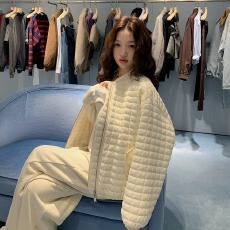 批发泡芙菱格羽绒棉服秋冬方格<b class='q'>短款</b>小个子时尚轻薄棉衣夹棉宽松外套女