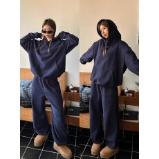 批发薄款/加绒 韩国chic藏蓝色休闲连帽卫衣长裤休闲运动套装两件套女