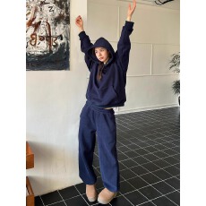 批发薄款/加绒 韩国chic藏蓝色休闲连帽卫衣长裤休闲运动套装两件套女