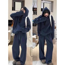 批发薄款/加绒 韩国chic藏蓝色休闲连帽卫衣长裤休闲运动套装两件套女