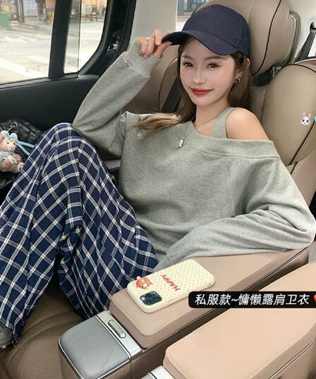 한 번 작은 짭짤한 회색 작은 대중 디자인 센스 비스듬한 어깨 후드티 여성 가을 루즈핏 풀오버 긴팔 없음 모자 오프숄더 맨위