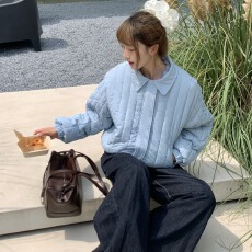 批发彩色织唛竖条纹理2026秋冬翻领小个子棉服甜美<b class='q'>韩版</b>宽松棉衣外套女