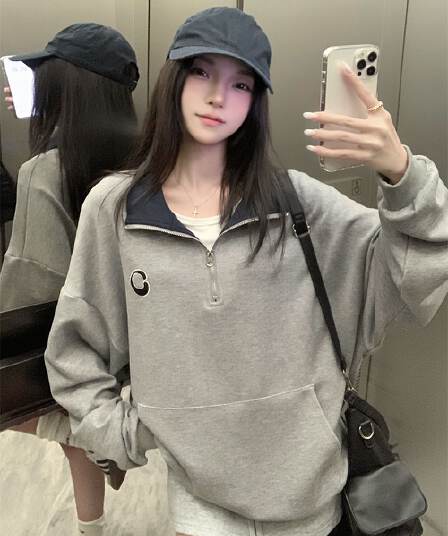 실사 후아 면 복합 얇은 스타일 털이 있는 POLO 칼라 지퍼 후드티 여성 배색 자수