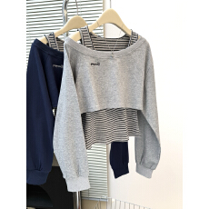 批发实拍花灰色斜肩长袖条纹<b class='q'>卫衣</b><b class='q'>女</b>2026秋季设计感搭配背心两件套上衣