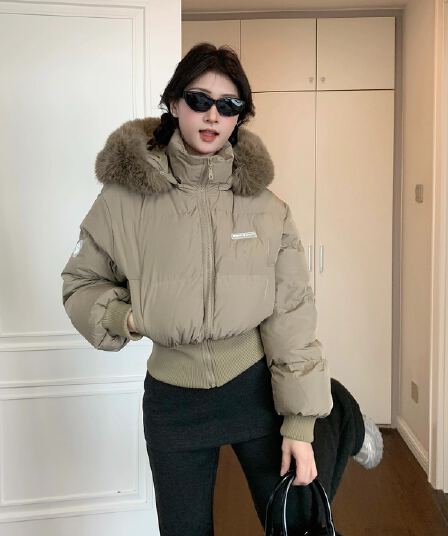 꽃 쇼트 스타일 허리 수축 몸매 가꾸기 모방 화이트 덕 다운 보온 두꺼운 거친 가장자리 후드 패딩 재킷 여성 코트 ins 면 의류