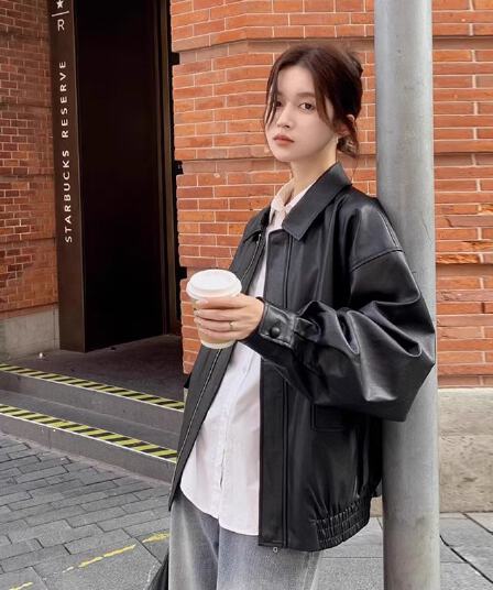 원본 것 가을 브라운 가죽 재킷 여성 코트 작은 키 항구 바람 레트로 아메리칸 가죽 자켓 아름다움 라드. 오토바이