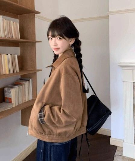 2026 레트로 스웨이드 원단 재킷 여성 가을 겨울철 아메리칸 루즈핏 폴로 칼라 캐주얼 다용도 재킷 고급 센스 맨위