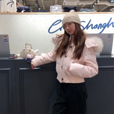 批发南区菲奥娜 韩系藏青色连帽大毛领棉服外套女冬季新款短款<b class='q'>羽绒服</b>